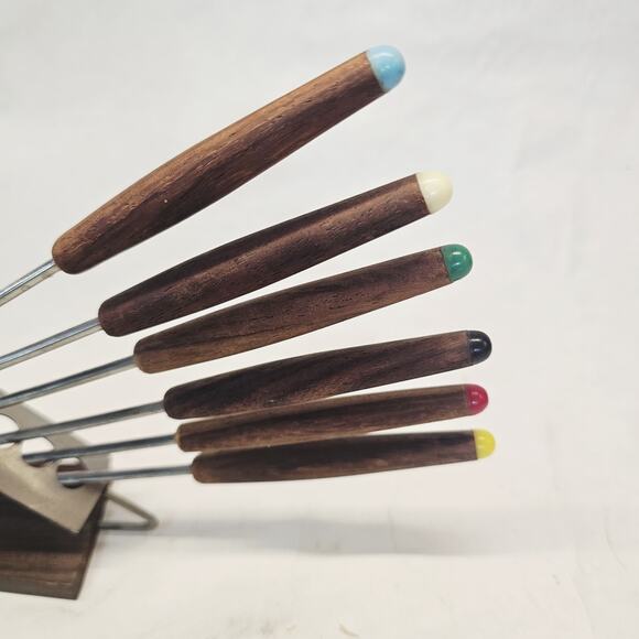 Mid-century Fondue Skewers Forks With Holder wood Handles & Base Retro Japan MCM - Picture 2 of 10
